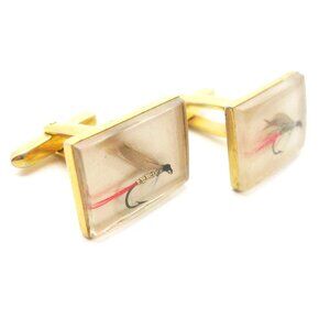 Vintage Cuff Links Fly Fishing Hook Lucite Men's Shirt Accessory HICKOK USA